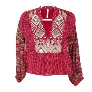 Anthropologie Keira Embroidered Peplum Blouse Bohemian Style Shirt Size 2
